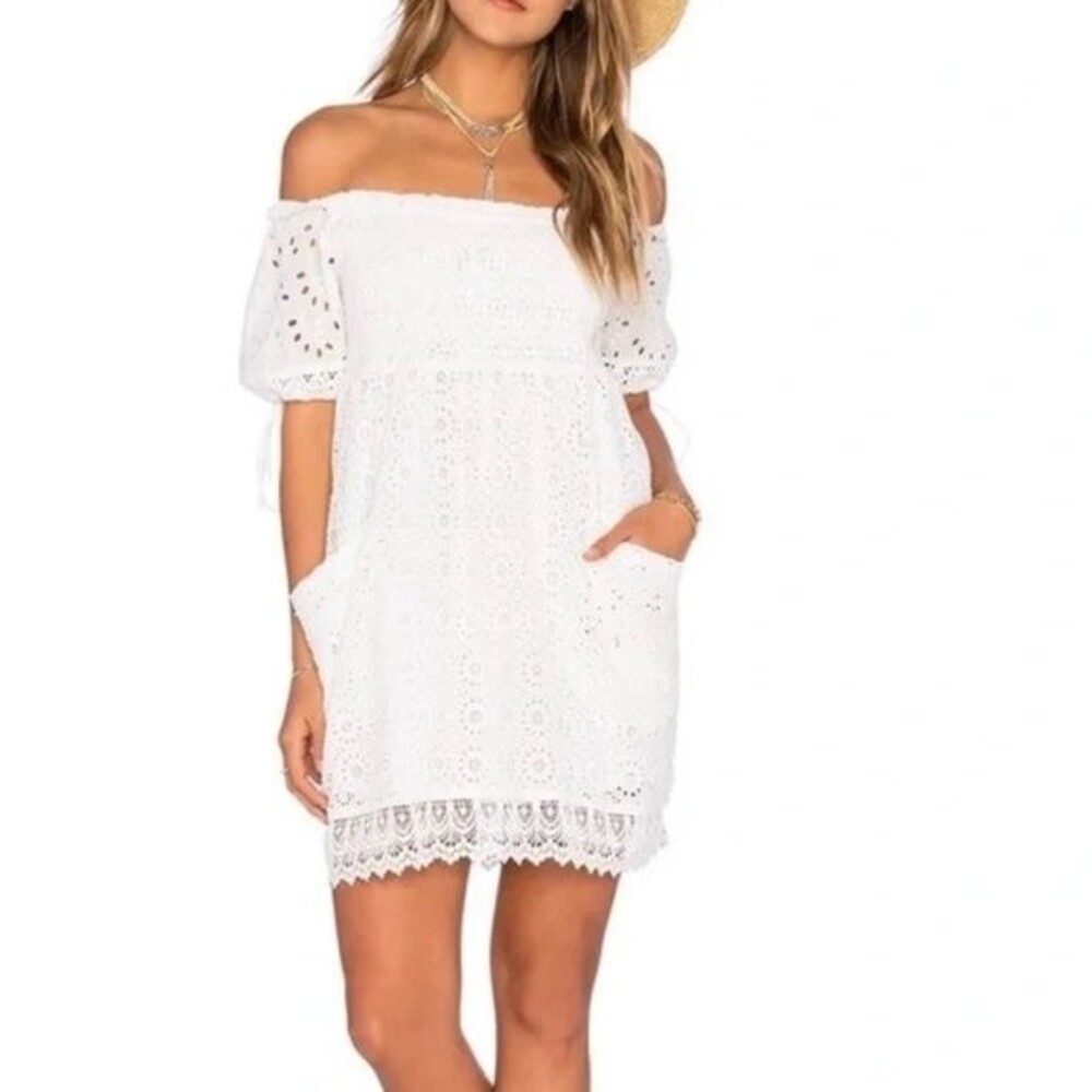 Tularosa Dress Revolve White Eyelet Lace Boho Mini Small Off Shoulder Stretch
